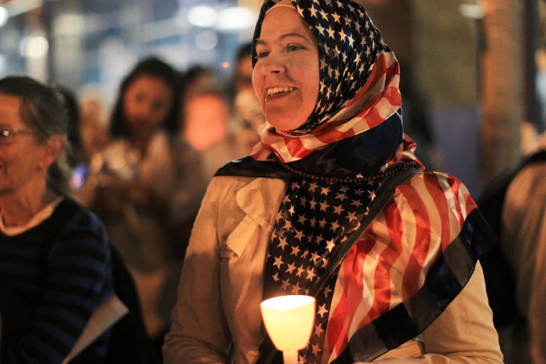 Patty Anton, an American who is a practicing Muslim, attends a rally in support of religious freedom in 2010 in New York City.