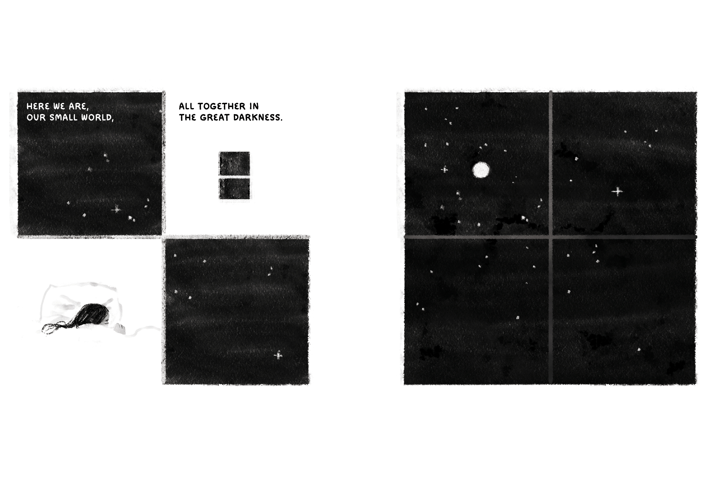 Two four-panel comics. First comic text: Here we are, our small world, all together in the great darkness. First comic images: A handful of stars; a view through a dark window; someone sleeping in a bed. Tucked into a blanket, their long dark hair extends across the pillow. Second comic has no text. Second comic image: A moon in a broad starry sky