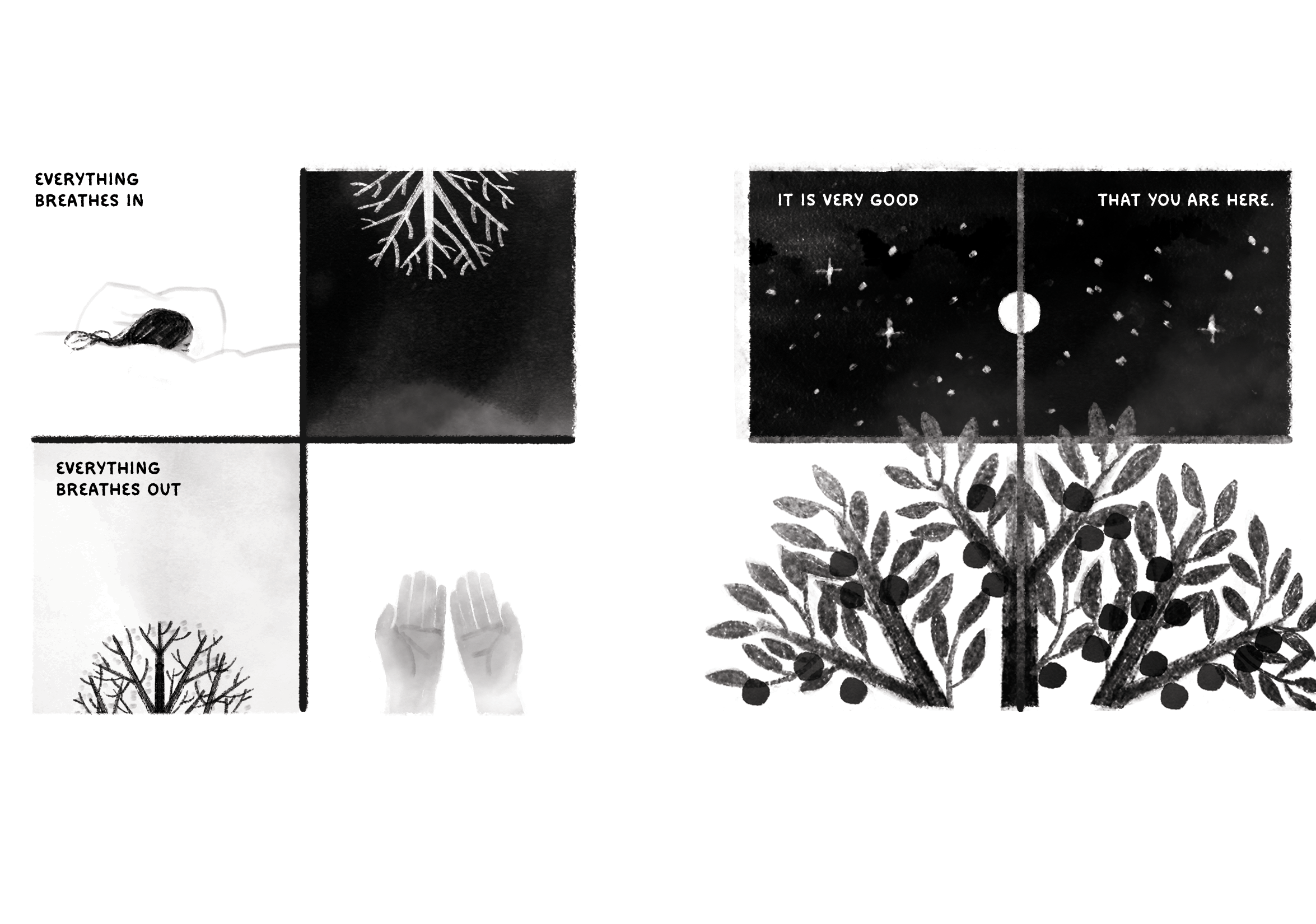 Two four-panel comics. First comic text: Everything breathes in, everything breathes out. First comic images: A figure tucked in bed. Tree roots reaching down into soil. Tree branches reaching up into the sky. Hands open. Second comic text: It is very good that you are here. Second comic images: A night sky full of stars, with a full moon. An abundant fruiting tree.