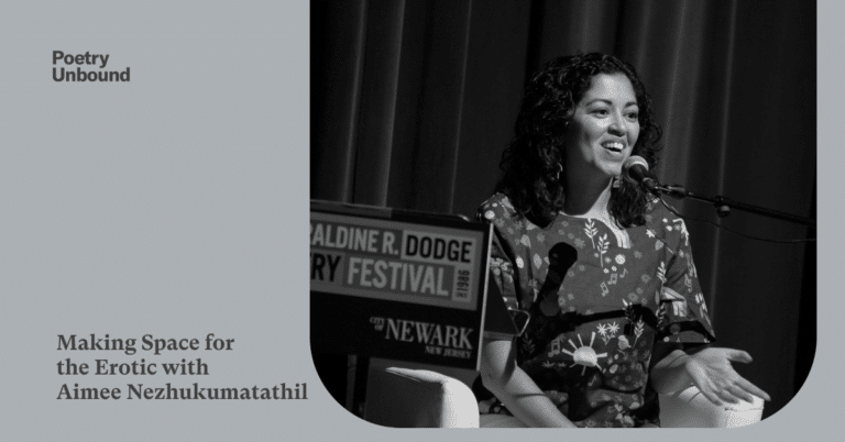 BONUS: Making Space for the Erotic with Aimee Nezhukumatathil. Aimee Nezhukumatathil sits on stage in front of microphones at the Dodge Poetry Festival.