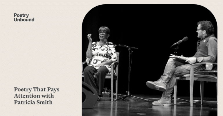 Poetry Unbound: Poetry that Pays Attention with Patricia Smith. Patricia Smith and Pádraig Ó Tuama sit on stage in front of microphones at the Dodge Poetry Festival.