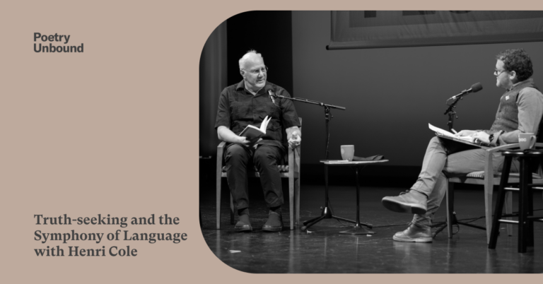 Truth-seeking and the Symphony of Language with Henri Cole. Henri Cole and Pádraig Ó Tuama sit on stage in front of microphones at the Dodge Poetry Festival.