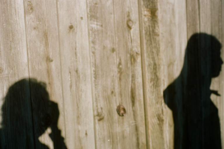 Two people's shadows are visible against a wooden fence.